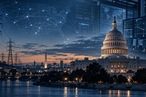 Dusk view of the U.S. Capitol dome and the Potomac, flanked by electrical transmission towers and glowing network lines over a map of the United States, with control-room monitors showing grid diagrams.