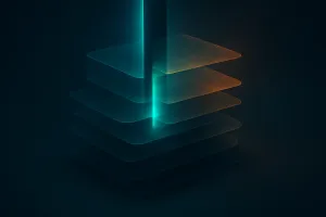 Glowing translucent layers with a beam of teal light passing through a narrow gate
