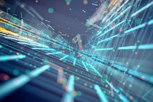 Abstract digital visualization of data streams and connections, representing AI factory storage design.