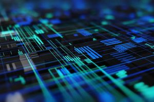 Abstract digital circuit pattern representing AI technology on a blue and green grid.