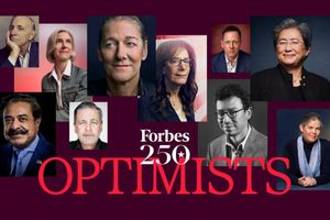 Collage of individuals featured in the "Forbes 250: The Greatest Living American Optimists."