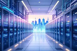 Server room with racks of equipment, futuristic cityscape visible through windows.