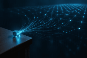 Glowing compact computing cube with threads of light spreading across a dark field
