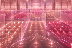 Abstract glowing pink network pathways divided by translucent security barriers in a data center setting.