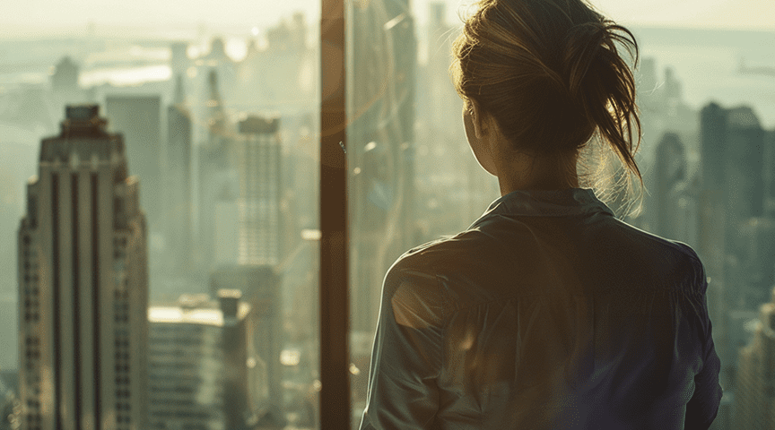 woman looking out of a skyscraper window