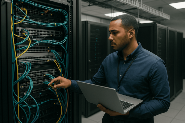 Man holding laptop in a data center