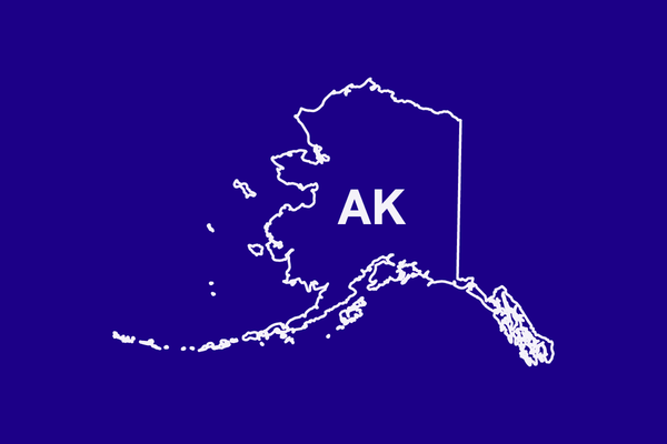 White outline of state of Alaska on a blue background