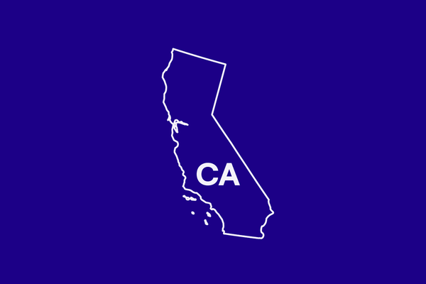 White outline of state of California with CA over the state. Blue blackground. 